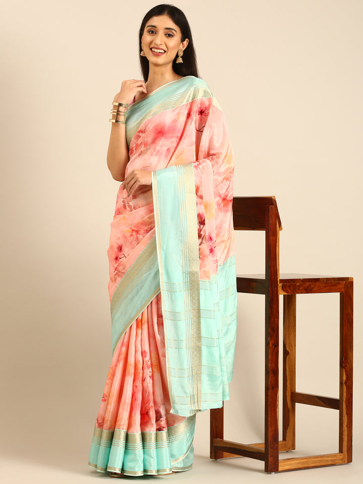 Peach Mysore Crepe Saree With Zari Contrast Border
