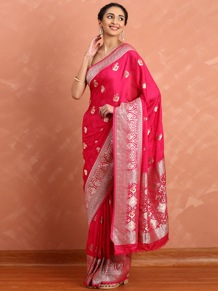 Pink banaras silk saree with silver motifs