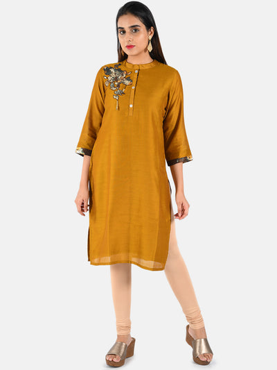 Neerus Women Mustard Yellow Solid A-Line Kurta with Applique Detail