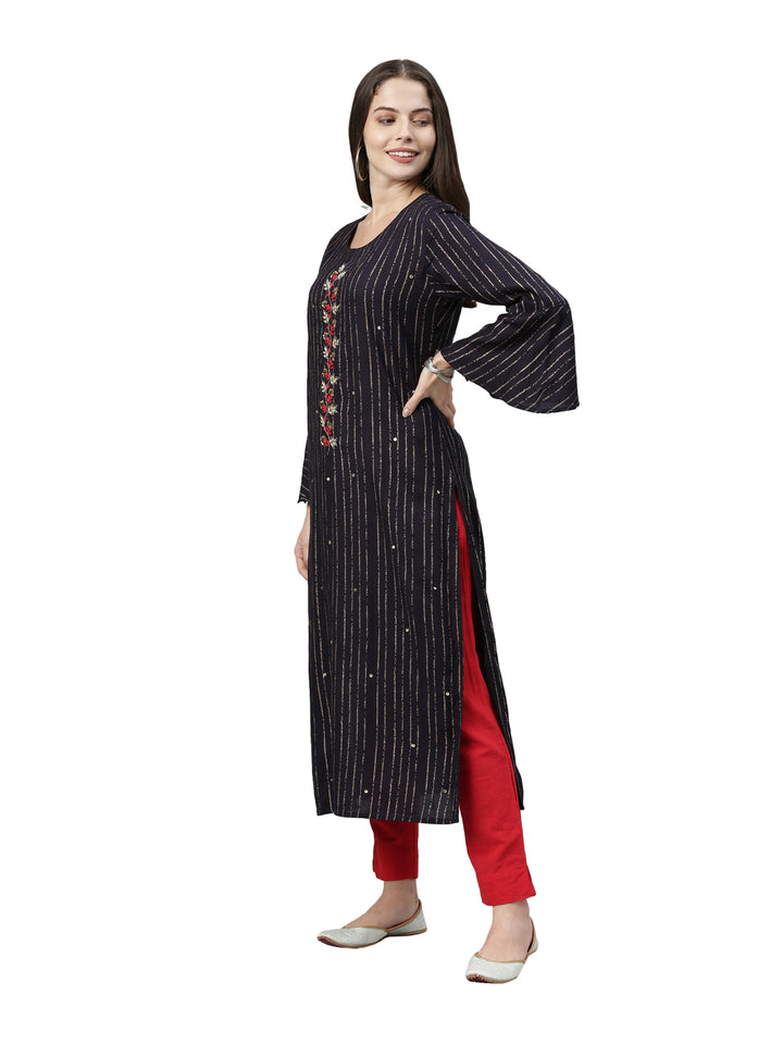 Neerus Women Navy Blue Striped Bell Sleeves Kurta