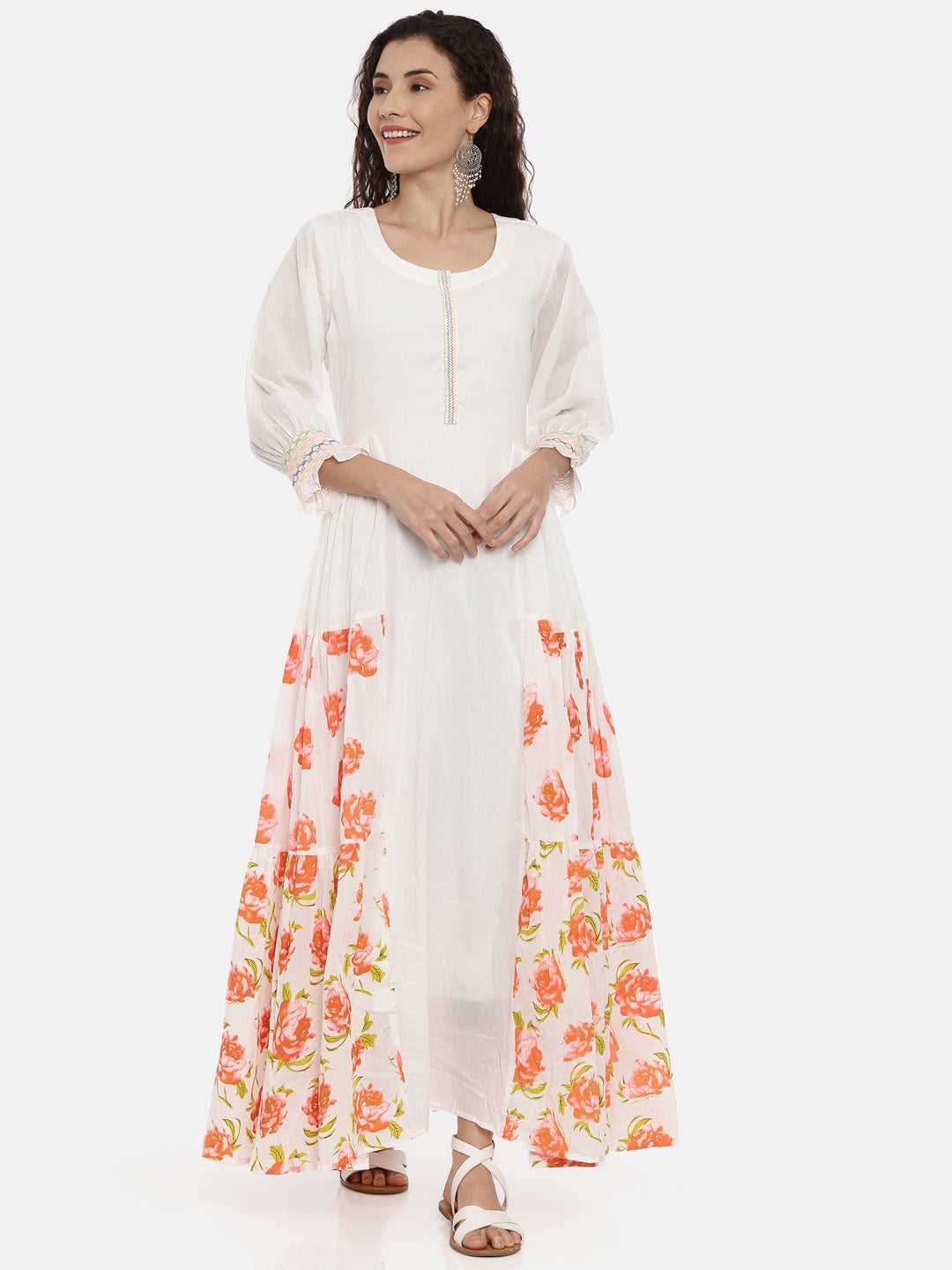 Neerus White floral thread embroidered kurta - detail view 2