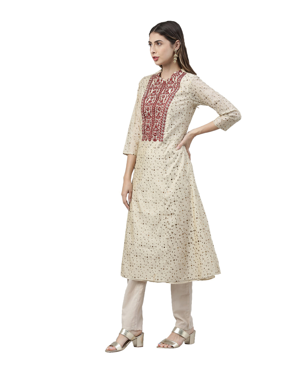 Neerus Women Beige  Maroon Printed Kurta with Trousers  Dupatta