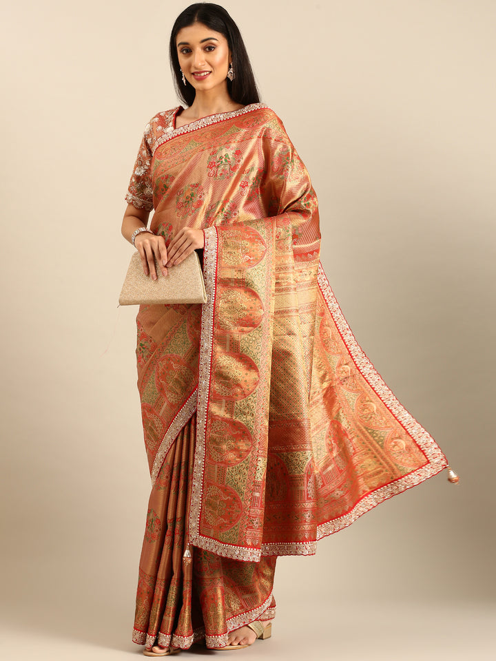 Red & gold banarasi silk saree with zardozi & sequins hand work with Ready made blouse