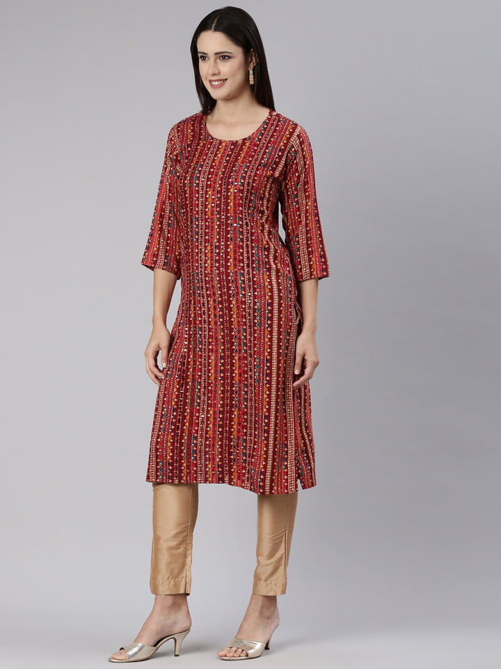Neerus Maroon Regular Straight Chevron Kurtas