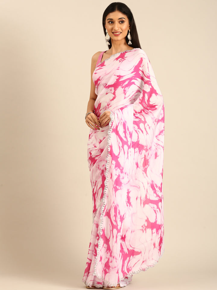 Pink & white printed satin saree with Swarovski embroidery