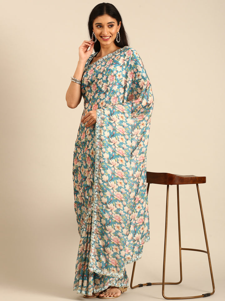 Blue floral printed satin saree with pearls & sequins embroidery with heavy ready made blouse