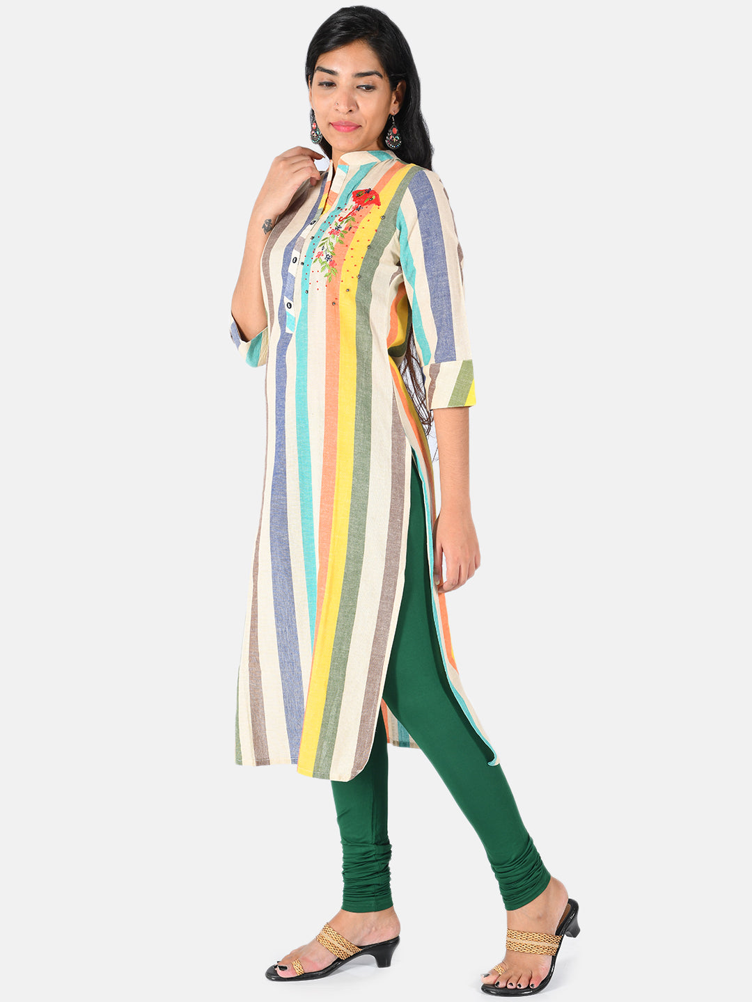 Neerus Multi rayon striped printed straight kurti - side view