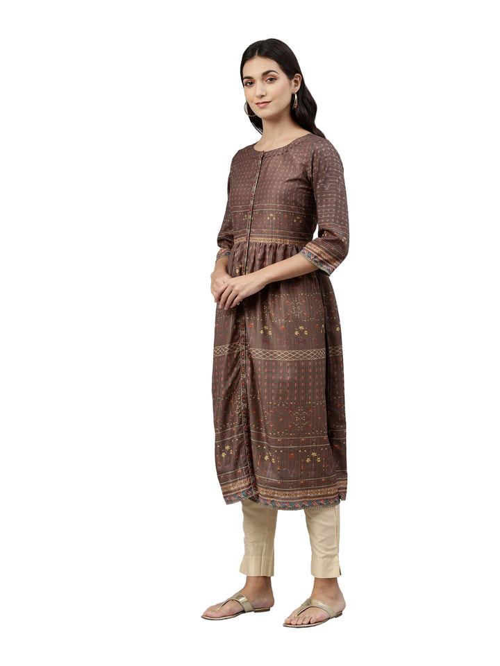 Neerus Brown printed anarkali kurta ethnic motifs - side view