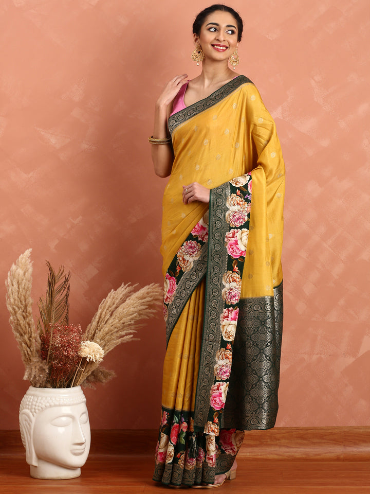 Yellow banarsi saree with floral print & zari border