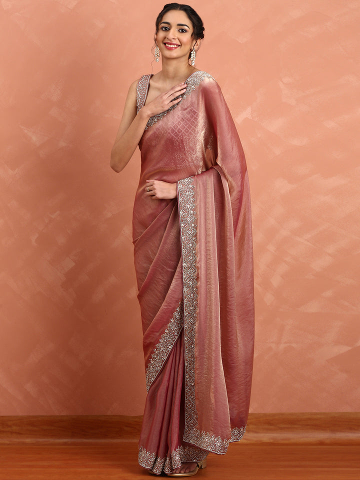Onion pink tissue saree with Swarovski & cut Dana embroidery & ready made blouse