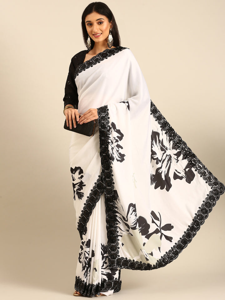 Black & White Satin Printed Saree With Hand Embroidery & Readymade Blouse