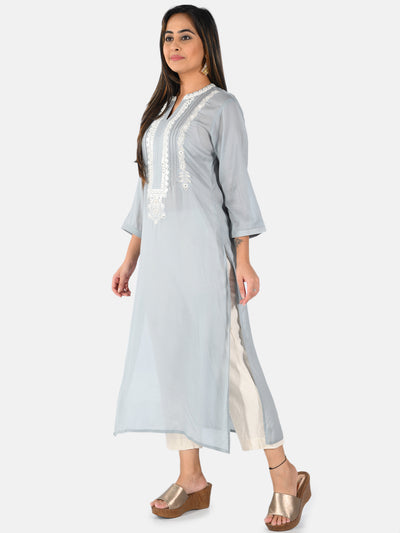 Neerus Women Grey  White Embroidered Yoke Design Straight Kurta With Mirror Work
