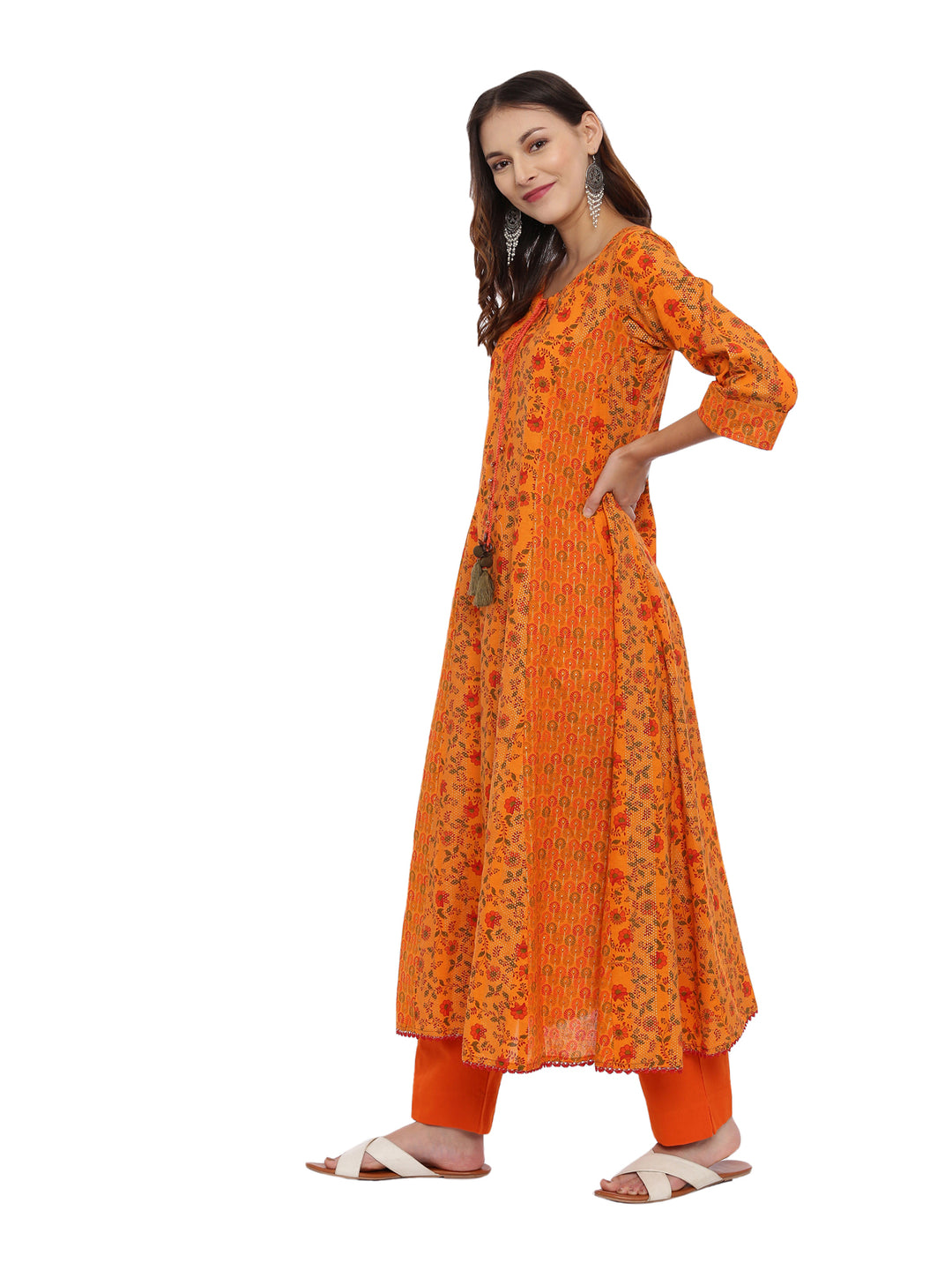 Neerus Orange printed suit set with trouser and dupatta - side view