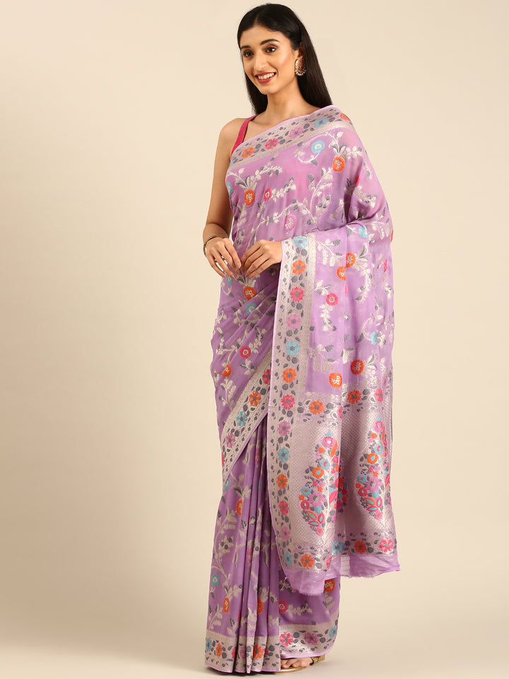 Purple Banarasi Silk Saree With Meenakari Border & Motifs