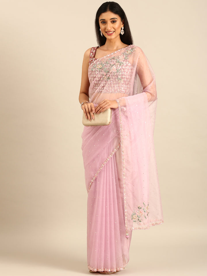 Purple Organza Saree With Hand Embroidery & Readymade Heavy Blouse Hand Embroidered