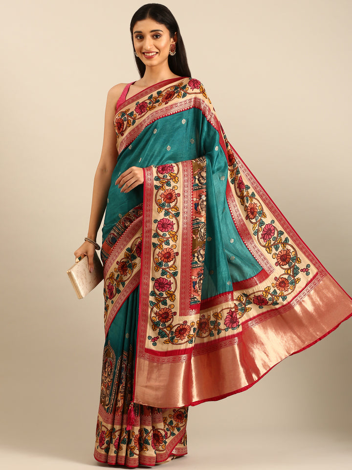 Green Banaras Silk Saree With Kalamkari Printed Border