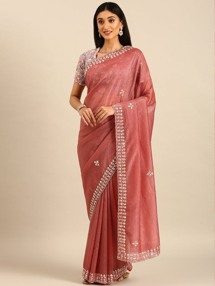 Onion pink Jimmy crushed tissue saree with pearls & sequins embroidery with heavy ready made blouse