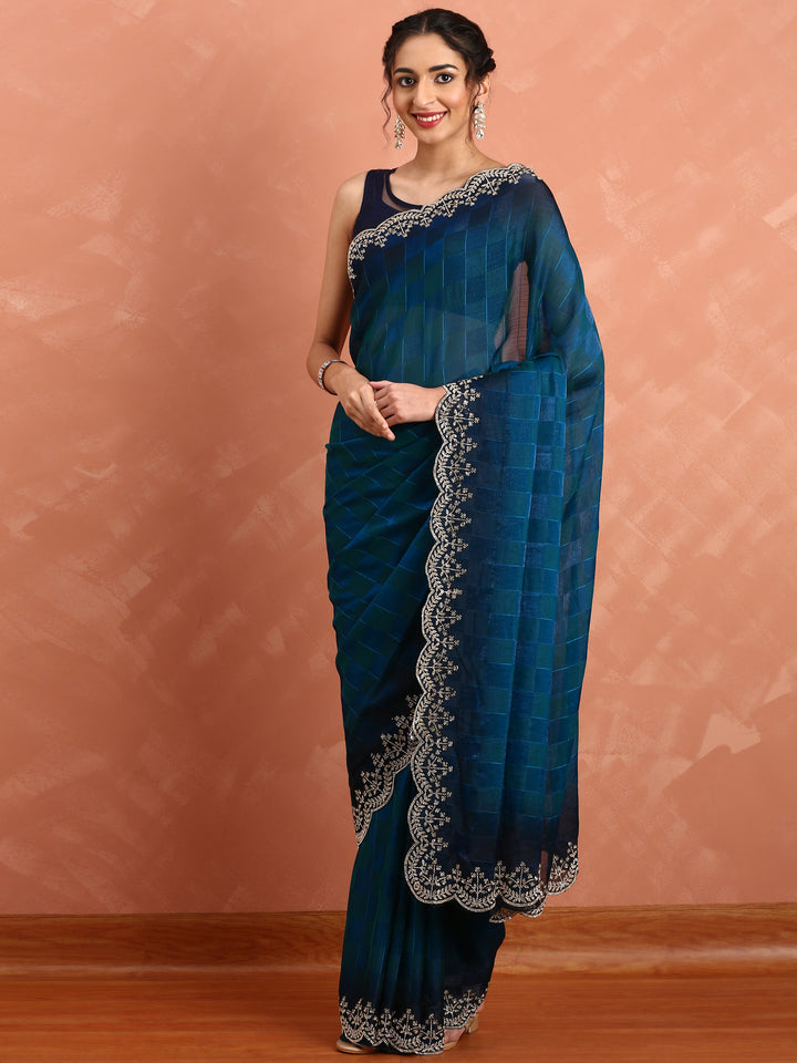 Peacock Jacquard Satin Organza Saree With Hand Embroidery