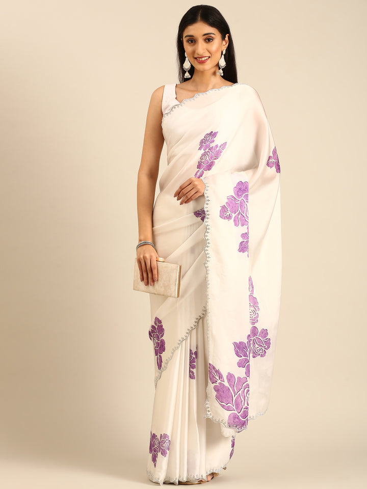 Off white printed satin saree with lavender motifs & Swarovski embroidery