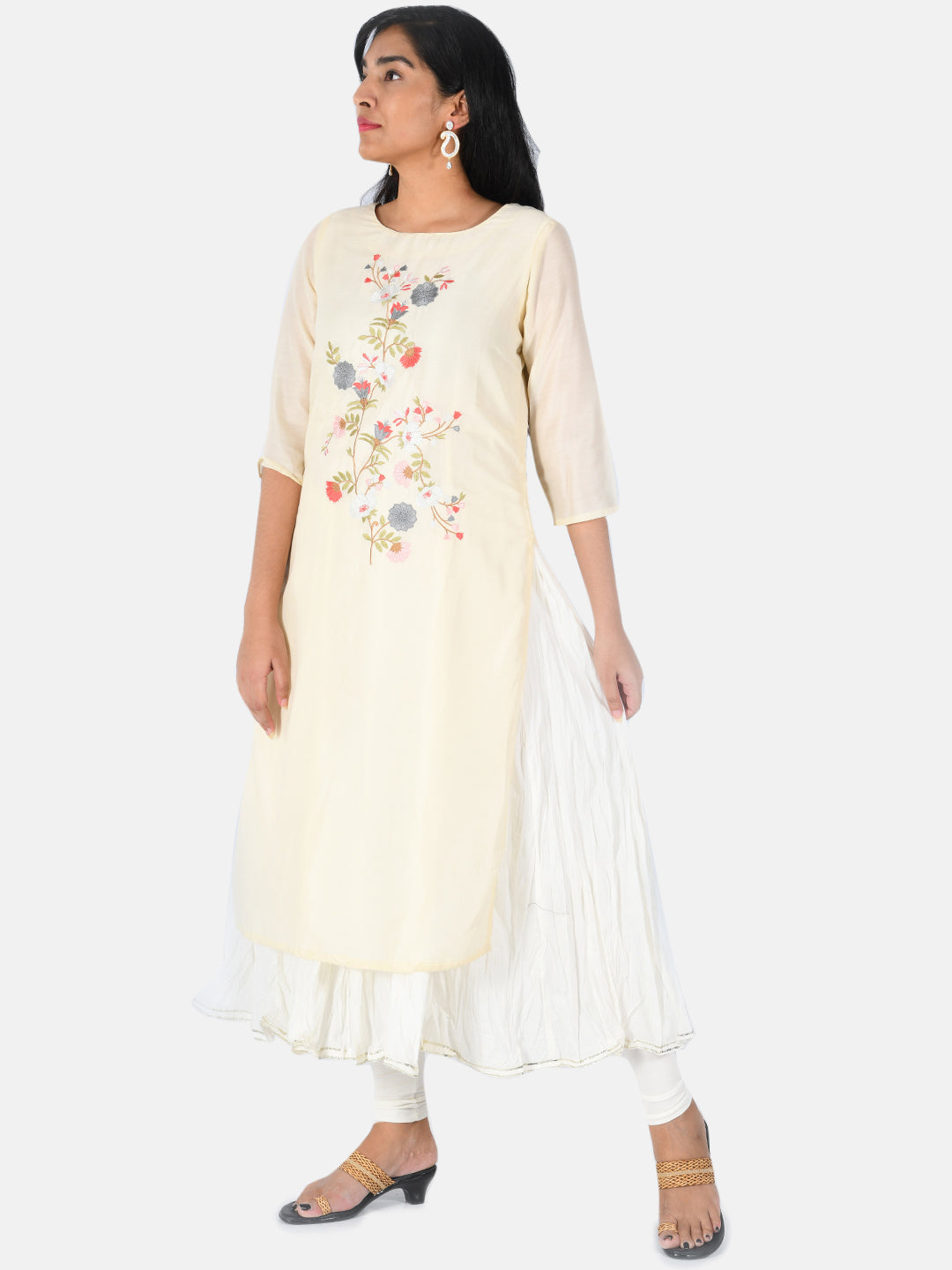 Neerus Beige embroidered kurta set with sharara - side view