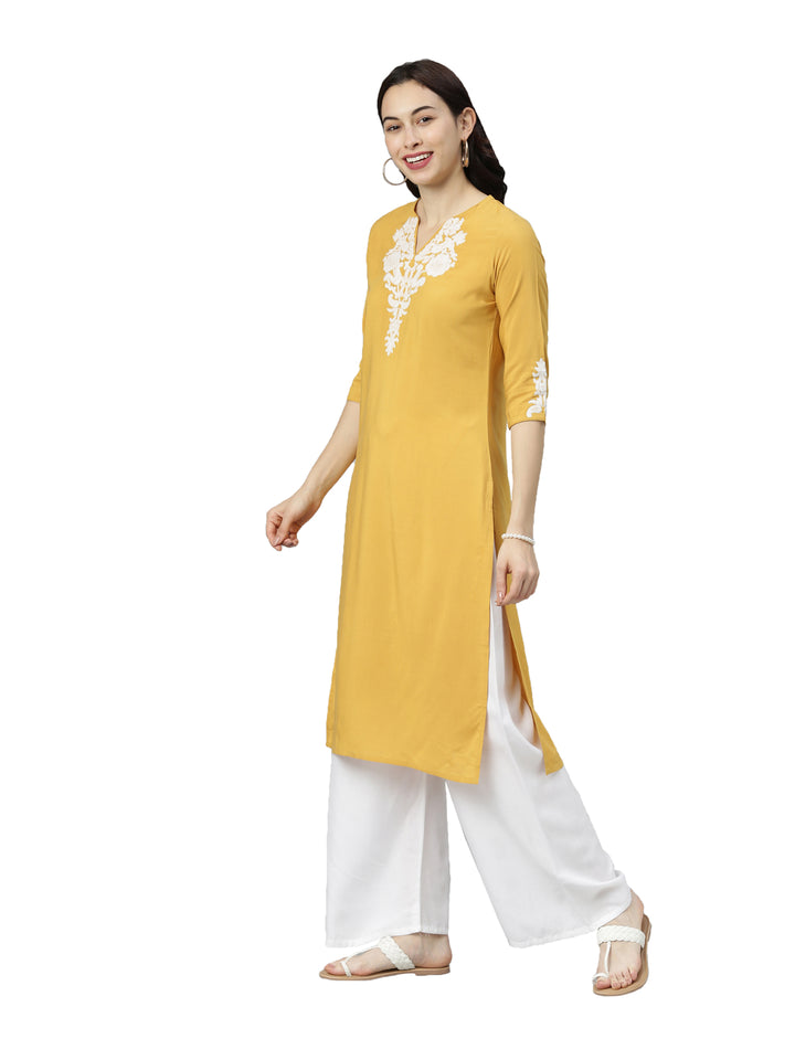 Neerus Yellow rayon thread embroidered kurti - side view