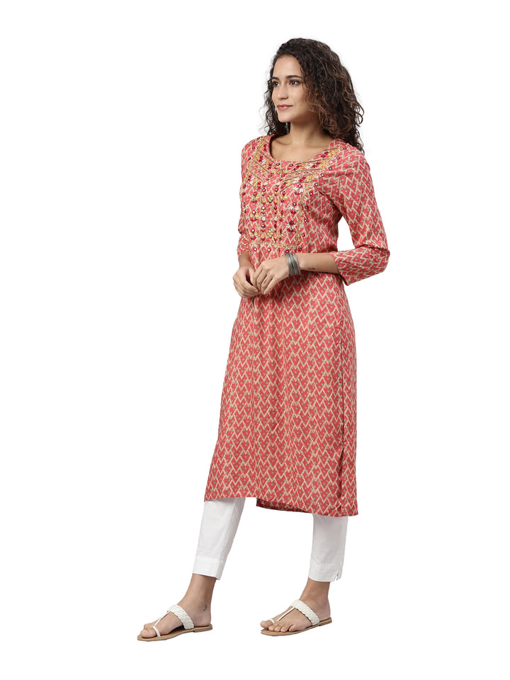Neerus Women Red Quirky Printed Mirror Work Kurta