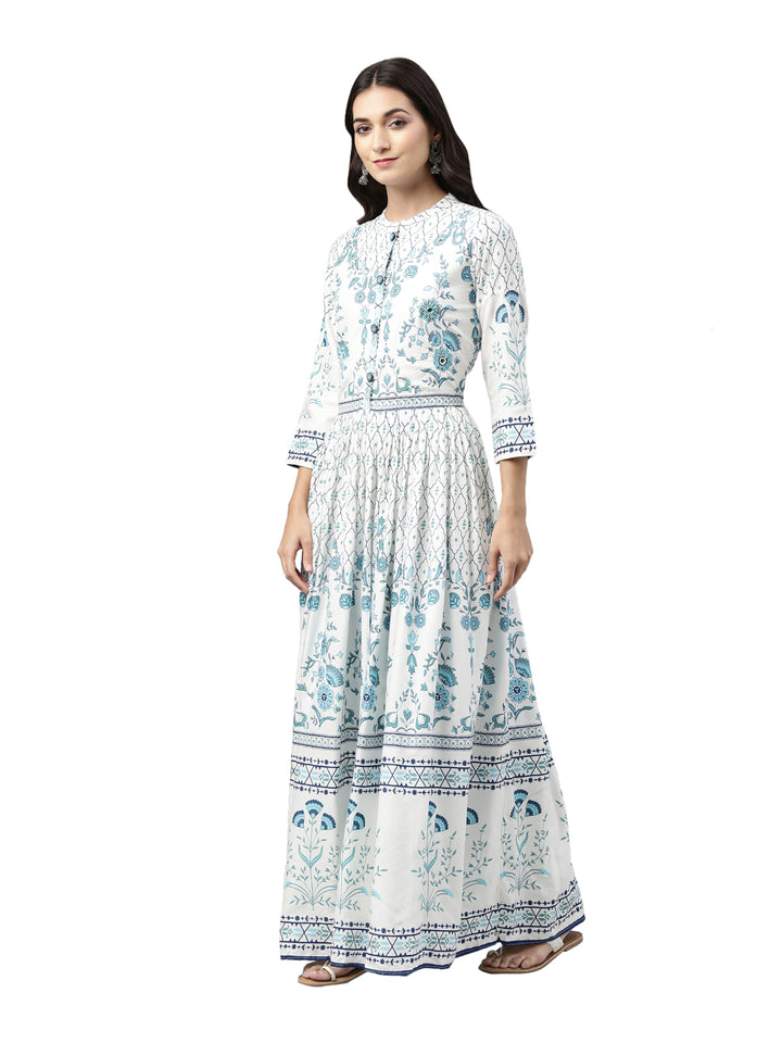 Neerus Women White  Blue Floral Printed Mirror Work Anarkali Kurta