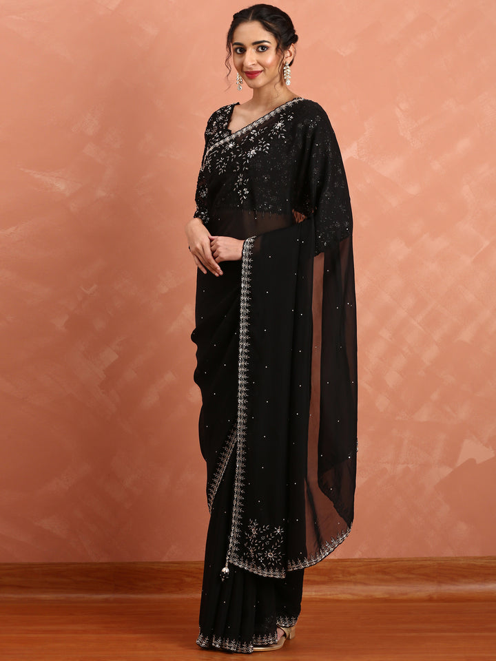 Black Organza saree cut Dana hand embroidery with heavy ready made blouse
