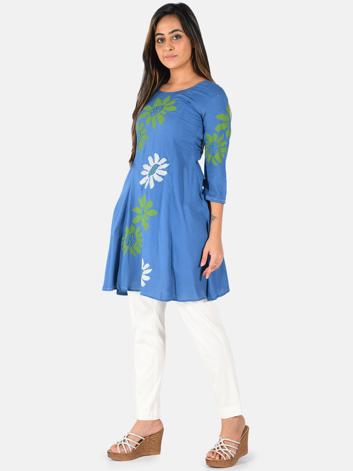 Neerus Blue floral printed beaded kurta - back view