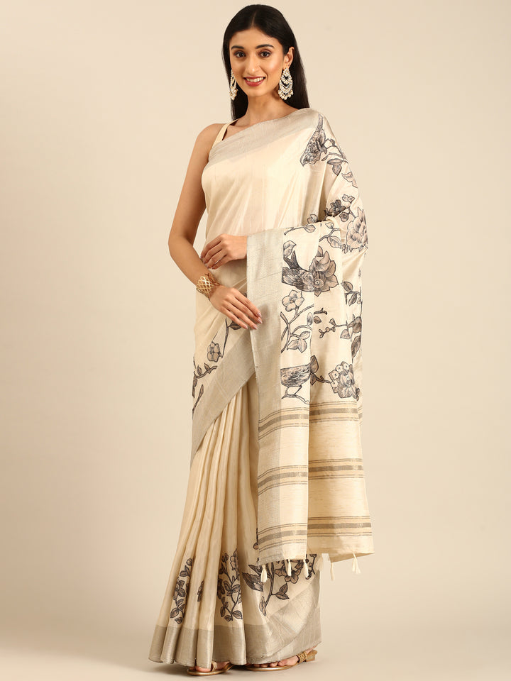 Cream Natural Dupion Saree With Floral Print