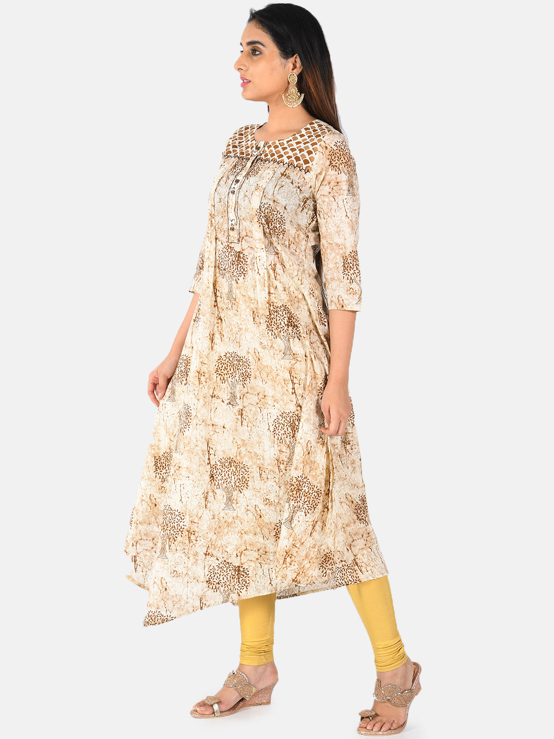 Neerus Beige printed A-line kurta - back view