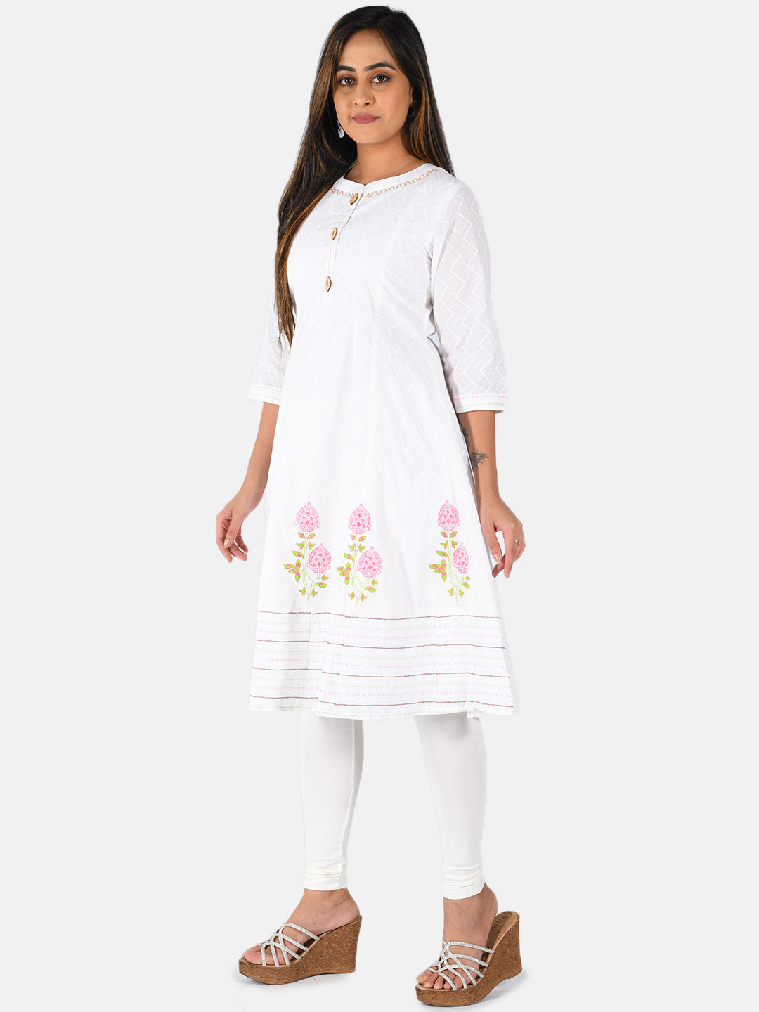 Neerus White cotton printed A-line kurti - back view