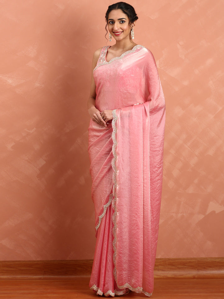 Pink Jimmy tissue saree with pearl & cut Dana embroidery with ready made blouse