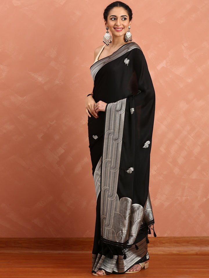 Black Banaras Silk Saree With Silver Zari Motifs & Border