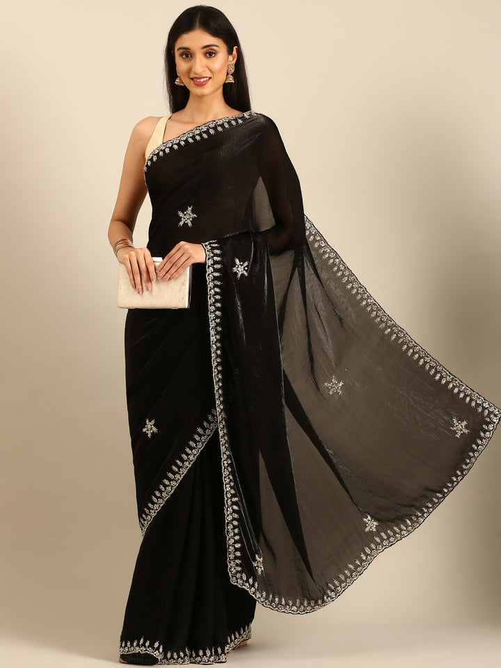 Black Shimmer Tissue Saree With Cut Dana & Swarovski Embroidery