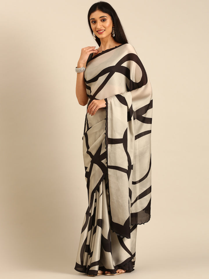Black & White Printed Satin Saree With Swarovski Embroidery
