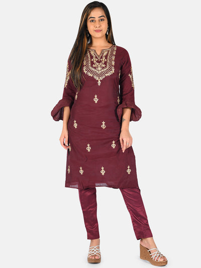 Neerus Women Burgundy Embroidered Straight Kurta