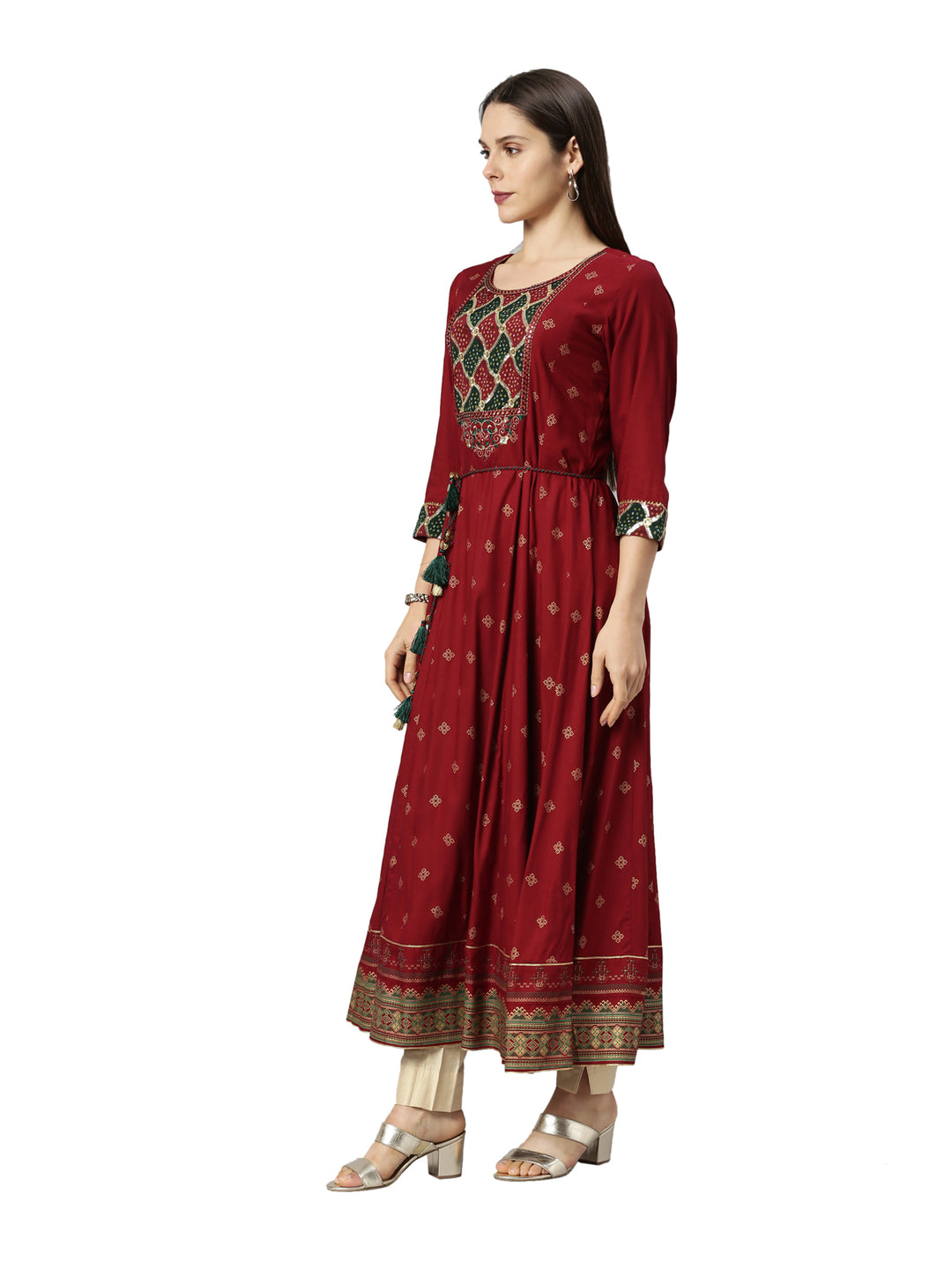 Neerus Maroon embroidered anarkali kurta with flared sleeves - back view