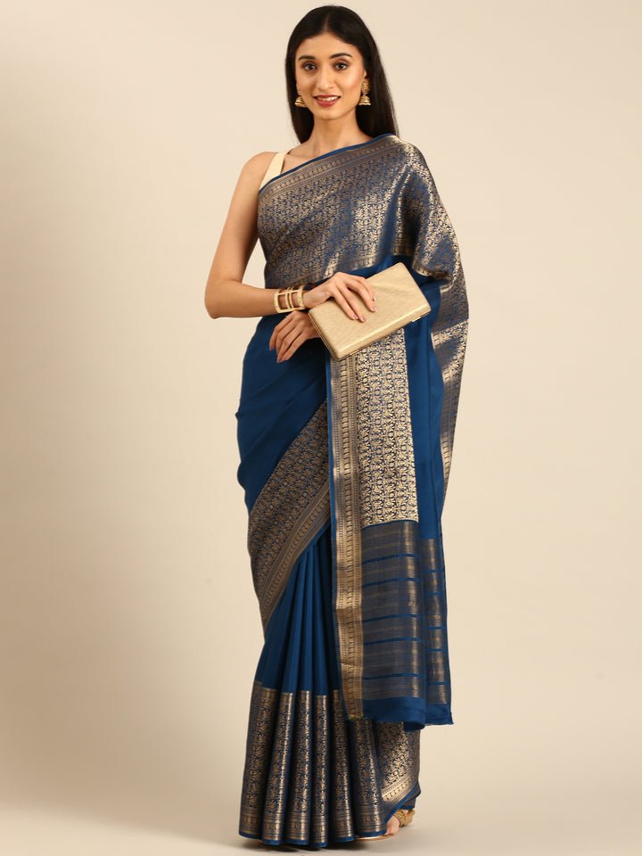 Navy Blue Mysore Crepe Saree With Zari Jaal Border