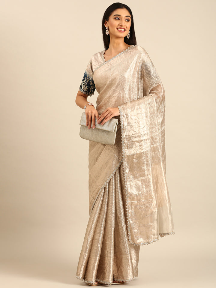 Silver Tissue Zari Saree With Hand Embroidery And Heavy Ready Made Blouse