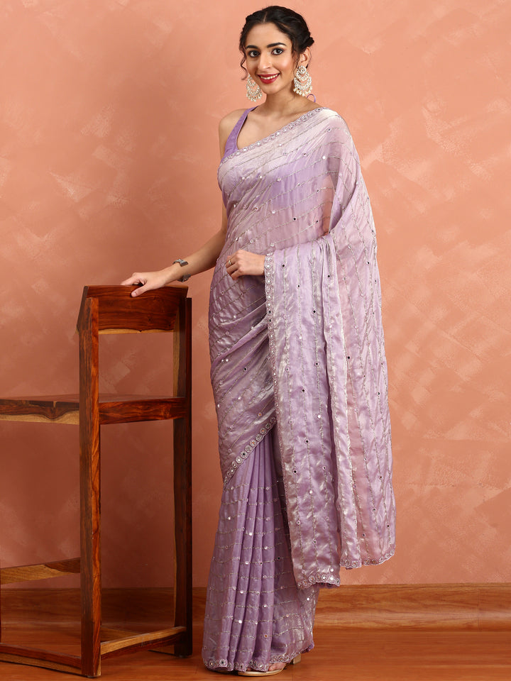 Lilac Jimmy tissue saree with mirror work hand embroidery
