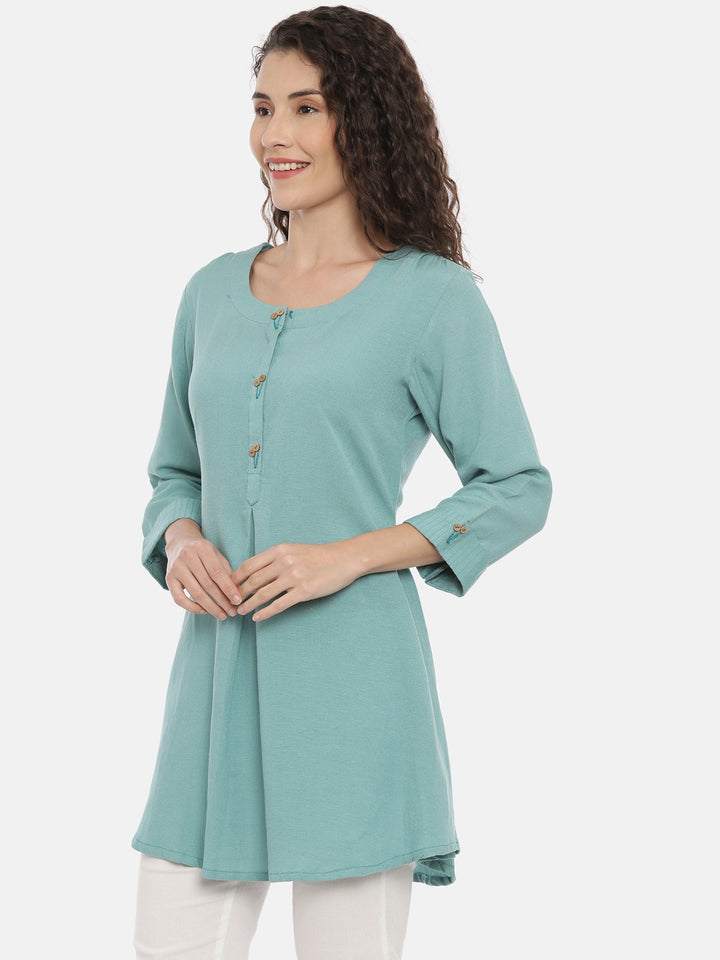 Neerus Green cotton thread embroidered kurti - back view