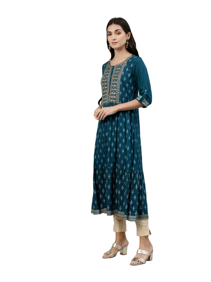 Neerus Blue thread embroidered ethnic kurta - side view