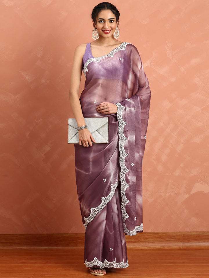Onion pink Jimmy organza tie dye hand embroidery saree
