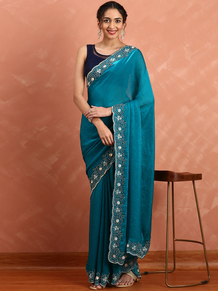 Peacock green jimmy saree with hand embroidery