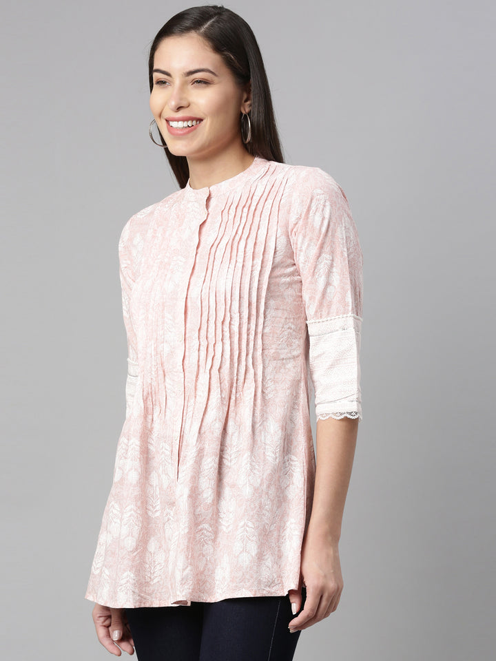 Neerus Rose Floral Printed Pure Cotton Pleated Kurti