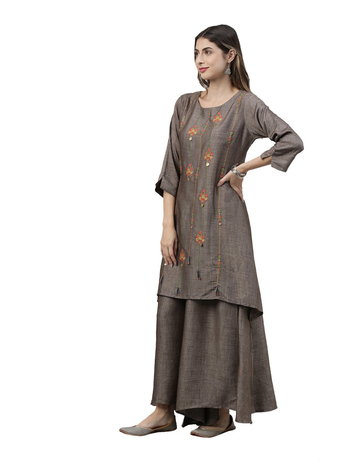 Neerus Grey embroidered suit set kurta palazzo dupatta - side view