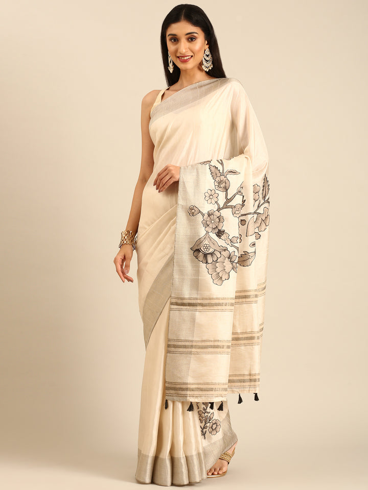 Cream Natural Dupion Saree With Floral Print