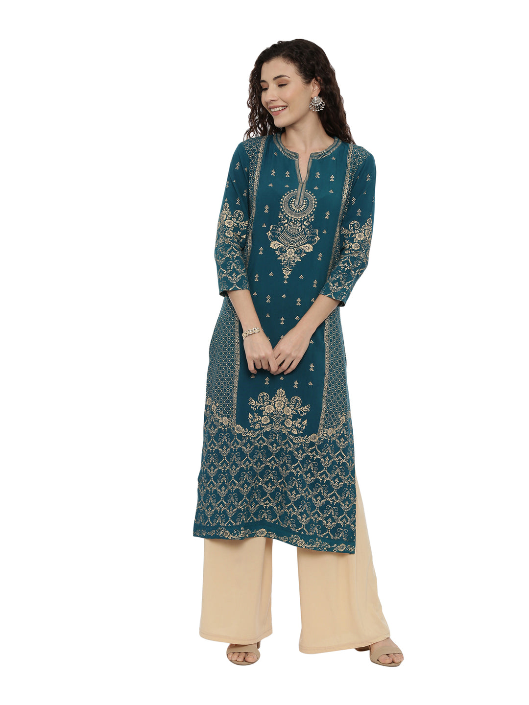 Neerus Green viscose rayon printed kurti - back view