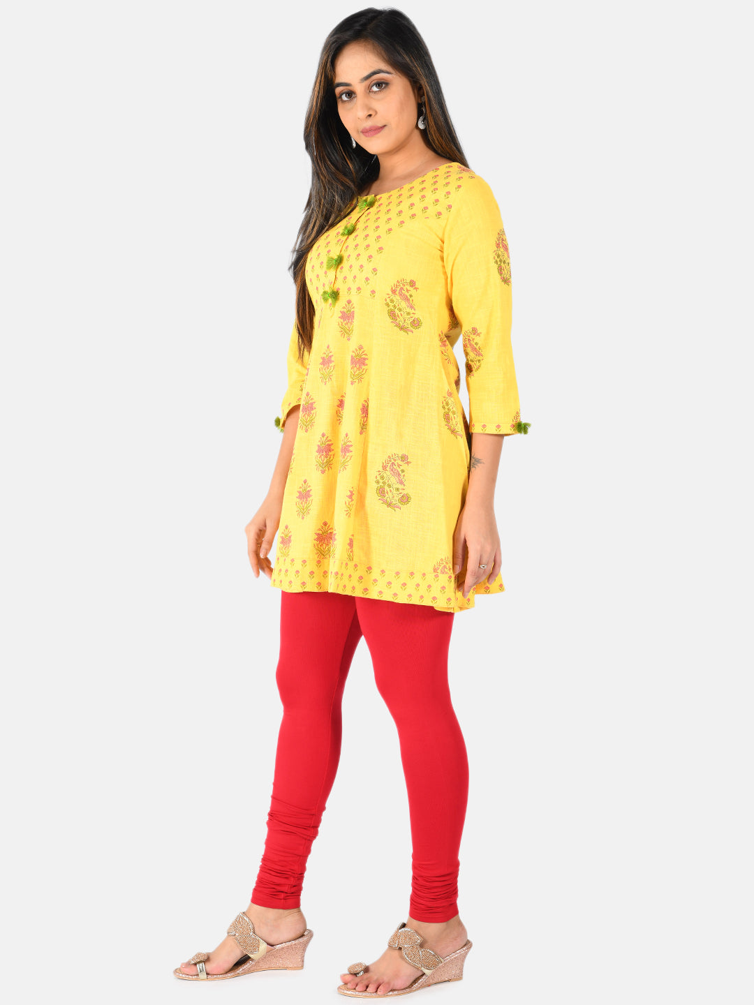 Neerus Women Mustard Yellow Printed A-Line Pure Cotton Kurti